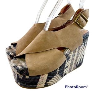 JEFFERY CAMBELL - IBIZA - Brown Suede, Blue Tapestry Platform - Size 6